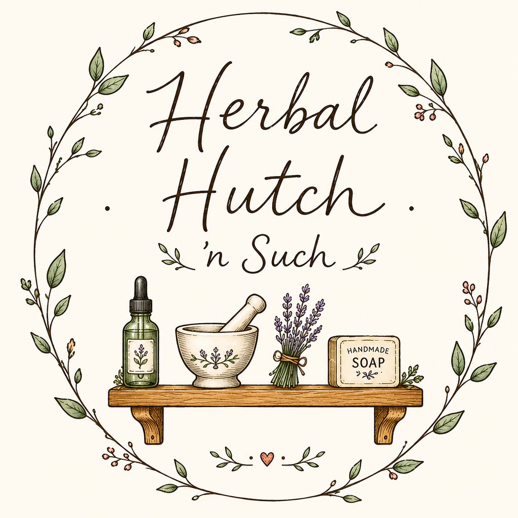 Herbal Hutch 'n Such logo — mortar and pestle, tincture bottle, lavender, and handmade soap on a wooden shelf encircled by a botanical wreath